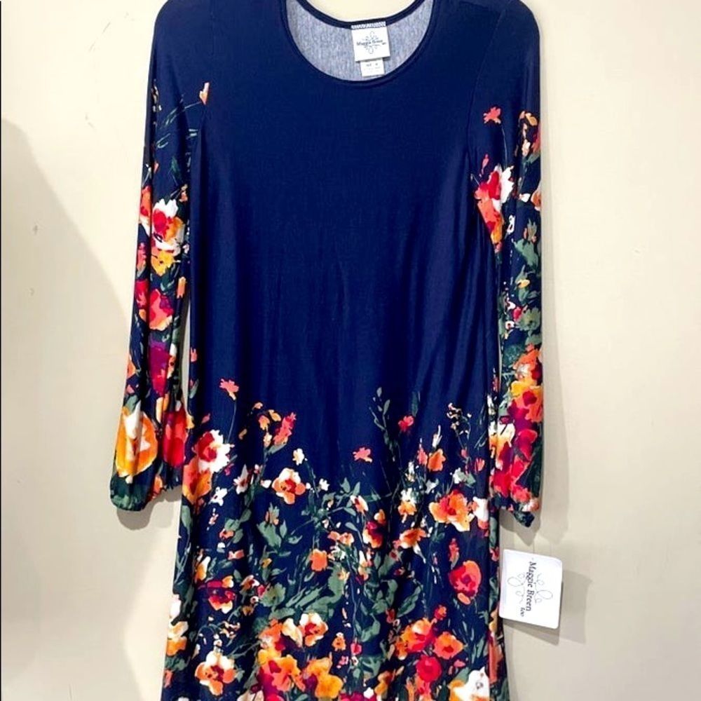 Maggie Breen Too Navy dress with coral/orange floral print. New. Girls size 14.